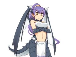 Rule 34 | 1girl, :&lt;, :d, aged up, arms under breasts, bandeau, blush, bmp-to-png conversion, breasts, claws, closed mouth, cowboy shot, crossed arms, crossed bangs, dragon claw, dragon tail, dragon wings, game cg, hair between eyes, horns, jingai modoki, large breasts, light blush, long hair, looking at viewer, mon-musu quest!, monster girl, navel, non-web source, open mouth, papi (mon-musu quest!), pointy ears, ponytail, purple hair, scales, simple background, slit pupils, smile, solo, spoilers, stomach, tail, thick eyebrows, transparent background, v-shaped eyebrows, very long hair, white bandeau, white loincloth, wings, yellow eyes