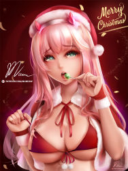 Rule 34 | 10s, 1girl, bikini, blush, breasts, candy, cape, christmas, christmas present, darling in the franxx, food, gift, green eyes, hat, large breasts, long hair, merry christmas, micro bikini, mumeaw, open mouth, pink hair, ribbon, santa costume, santa hat, shy, signature, simple background, solo, swimsuit, upper body, zero two (darling in the franxx)