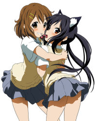 Rule 34 | 2girls, animal ears, black hair, blush, brown eyes, brown hair, cat ears, cat girl, cherry, clenched teeth, embarrassed, face, female focus, food, fruit, funen gomi, grin, hair ornament, hairclip, hirasawa yui, hug, k-on!, long hair, mouth hold, multiple girls, nakano azusa, school uniform, shared food, short hair, skirt, smile, surprised, sweater vest, teeth, tongue, twintails, yuri