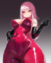 Rule 34 | 1girl, absurdres, alternate costume, black gloves, blunt bangs, breasts, choker, elbow gloves, gloves, heart, heart-shaped pupils, highres, hololive, hololive english, large breasts, lipstick, looking at viewer, makeup, me o wy, mori calliope, pink hair, red eyes, simple background, smile, solo, spandex, symbol-shaped pupils, virtual youtuber, wet spot, zipper, zipper pull tab