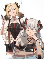 Rule 34 | arknights, blonde hair, demon horns, dragon horns, dress, feather choker, grey hair, hi yuuga, highres, holding, holding marker, horns, ifrit (arknights), jacket, long hair, marker, open clothes, open jacket, orange eyes, orange nails, saria (arknights), see-through, see-through sleeves, short twintails, striped clothes, striped dress, table, twintails, white background, white jacket