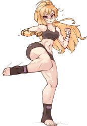 Rule 34 | 1girl, abs, barefoot, black shirt, black shorts, blonde hair, commentary, crop top, english commentary, eyes visible through hair, feet, fighting stance, full body, kicking, long hair, looking at viewer, muscular, muscular female, ponytail, prosthesis, prosthetic arm, purple eyes, rtil, rwby, shirt, shorts, solo, sports bra, toeless legwear, toes, toned, v-shaped eyebrows, white background, wrist wrap, yang xiao long