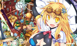 Rule 34 | 1girl, :d, ahoge, alternate costume, arm behind head, arm support, arm up, bird, blonde hair, breasts, bright pupils, candle, candlestand, capelet, cleavage, cleavage cutout, clothing cutout, commentary request, crossover, elbow gloves, gem, gloves, goggles, goggles on head, gold trim, hair ornament, hat, highleg, highleg leotard, hisui (stapspats), indoors, kirisame marisa, lamp, large breasts, leotard, long hair, looking at viewer, magic: the gathering, open mouth, partially visible vulva, ribbon, side ponytail, sideboob, sitting, sleeveless, smile, solo, star (symbol), star cutout, sword, thighhighs, touhou, tree, trim marks, weapon, witch hat, yellow eyes