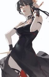 Rule 34 | 1girl, black dress, black hair, black thighhighs, breasts, cleavage, dagger, dress, earrings, flower, hair between eyes, hair flower, hair ornament, hand in own hair, hand on own hip, holding, holding weapon, jewelry, knife, lipstick, long dress, looking to the side, makeup, medium breasts, panni xing, parted lips, red eyes, side slit, solo, spy x family, stiletto (weapon), thighhighs, upper body, weapon, white background, wristband, yor briar