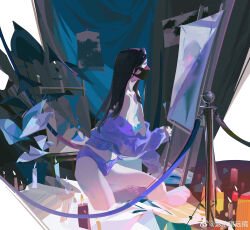 Rule 34 | 1girl, absurdres, bare legs, bare shoulders, black hair, breasts, candle, canvas (object), chinese commentary, commentary request, curtains, easel, from side, highres, holding, holding paintbrush, indoors, jacket, kneeling, long hair, long sleeves, mask, mouth mask, off shoulder, original, paintbrush, panties, paper, purple jacket, purple panties, shirt, small breasts, solo, tail, underwear, weibo logo, weibo watermark, ying yi