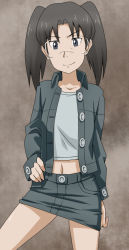 Rule 34 | 1girl, amasawa yuuko, black hair, dennou coil, glasses, midriff, miniskirt, navel, skirt, solo, twintails