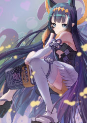 Rule 34 | 1girl, absurdres, black gloves, black hair, blue eyes, blunt bangs, book, closed mouth, commentary request, cutout above navel, detached sleeves, gloves, heart, highres, holding, holding book, hololive, hololive english, long hair, ninomae ina&#039;nis, ninomae ina&#039;nis (1st costume), platform clogs, pointy ears, ribbon, sidelocks, single thighhigh, sitting, smile, solo, thighhighs, tom (pixiv10026189), very long hair, virtual youtuber, white thighhighs
