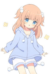 Rule 34 | 1girl, :o, blue eyes, blue hoodie, blunt bangs, blush, collarbone, cowboy shot, dot nose, drawstring, flat chest, hair ornament, head tilt, highres, hood, hood down, hoodie, long hair, long sleeves, looking at viewer, open mouth, orange hair, original, pom pom (clothes), pom pom hair ornament, raised eyebrows, shorts, sidelocks, simple background, sleeve cuffs, solo, two side up, tyakomes, variant set, white background, white shorts
