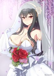 1girl black_hair blush bouquet breasts bridal_veil bride cleavage dress earrings elbow_gloves flower gloves gold_earrings gold_hairband hair_down hair_flower hair_ornament hairband highres holding holding_bouquet jewelry large_breasts line4x long_hair red_eyes red_flower red_rose rose sidelocks smile solo spy_x_family strapless strapless_dress veil wedding_dress white_dress white_gloves yor_briar