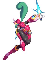 Rule 34 | 1girl, android, armor, ass, blue eyes, boots, breasts, capcom, energy blade, energy sword, female focus, gloves, green hair, helmet, holding, holding weapon, knee boots, leg up, leotard, long hair, looking back, marino (mega man), ninja, outstretched arm, pantyhose, pink footwear, ponytail, mega man (series), mega man x (series), mega man x: command mission, simple background, smile, solo, sword, ukimukai, weapon, white background, white gloves