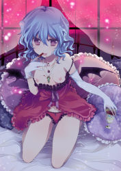 Rule 34 | 1girl, babydoll, bad id, bad pixiv id, bare shoulders, bat wings, blood, blue hair, breasts, breasts out, cushion, elbow gloves, fang, female focus, licking finger, frilled pillow, frills, glass, gloves, highres, jewelry, kneeling, lace, licking, lingerie, nakayama miyuki, necklace, nipples, panties, pearl necklace, pillow, red eyes, remilia scarlet, short hair, single elbow glove, single glove, small breasts, smile, solo, strap slip, tongue, touhou, underwear, white gloves, window, wings