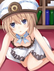 Rule 34 | 10s, 1girl, bare shoulders, blanc (neptunia), blue eyes, book, bookshelf, breasts, brown hair, downblouse, dress, hanging breasts, hat, highres, looking at viewer, neptune (series), nipples, open mouth, parted lips, pov, short hair, small breasts, solo, vesperia, white dress