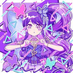 Rule 34 | 1girl, bare shoulders, blue wings, border, bracelet, butterfly hair ornament, butterfly wings, commentary request, cropped torso, hair ornament, highres, insect wings, jewelry, junon (pripara), long hair, looking at viewer, open mouth, outline, pretty series, pripara, purple eyes, purple hair, purple shirt, purple theme, satowa (circuit), shirt, side ponytail, sidelocks, solo, sparkle, sticker on face, treble clef, triangle, triangle hands, upper body, very long hair, white border, white outline, wings