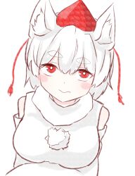 Rule 34 | 1girl, animal ears, artist request, bare shoulders, blush, breasts, detached sleeves, hat, highres, inubashiri momiji, large breasts, looking at viewer, one-hour drawing challenge, red eyes, shirt, short hair, sleeveless, sleeveless shirt, smile, solo, tokin hat, touhou, wolf ears