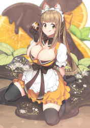 Rule 34 | 1girl, :q, absurdres, animal ear fluff, animal ears, apron, arukiru, black bow, black bowtie, black footwear, black thighhighs, blunt bangs, blurry, blurry background, bow, bowtie, breasts, brown gloves, brown hair, chocolate, cleavage, closed mouth, collar, detached collar, dress, eyelashes, flipped hair, flower, food, food on face, frilled apron, frilled dress, frilled sleeves, frills, fruit, full body, gloves, hair bow, hand up, high heels, highres, holding, holding food, large breasts, licking lips, light blush, long hair, looking at viewer, maid, maid headdress, mint, muffin, orange (fruit), original, sash, short dress, short sleeves, sidelocks, sitting, smile, solo, thighhighs, tongue, tongue out, waist bow, wariza, white apron, white collar, yellow dress, yellow eyes, zettai ryouiki