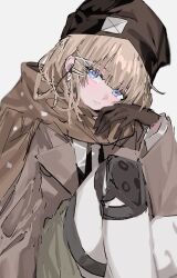 Rule 34 | 1girl, aogisa, beanie, blue eyes, brown gloves, brown scarf, earpiece, expressionless, girls&#039; frontline, gloves, grey background, hat, highres, knee pads, knees up, light blush, light brown hair, looking at viewer, pantyhose, scar-l (girls&#039; frontline), scarf, simple background, sitting, solo, white pantyhose