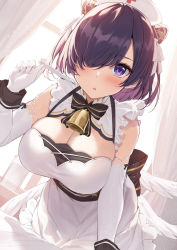 Rule 34 | 1girl, angel wings, azur lane, backlighting, bell, blush, breasts, curtains, dress, elbow gloves, eyelashes, feathered wings, frills, gloves, hair over one eye, hair ribbon, hand up, hanging breasts, hat, holding, holding thermometer, indoors, jervis (azur lane), large breasts, leaning forward, looking at viewer, low wings, neck bell, nurse cap, parted lips, purple eyes, purple hair, ribbon, short hair, skindentation, sleeveless, sleeveless dress, solo, thermometer, white dress, white gloves, white ribbon, window, wings, wrist cuffs, xe (execut3r)