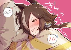 Rule 34 | &gt; &lt;, 1boy, 1girl, animal ears, blush, brown hair, brown sweater, closed eyes, closed mouth, hair over one eye, highres, hiyo (2016.10), horse ears, horse girl, hug, hug from behind, long hair, long sleeves, outline, pink background, ponytail, shirt, striped clothes, striped shirt, sweater, trainer (umamusume), umamusume, vodka (umamusume), white outline, yellow shirt