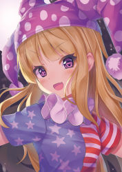 Rule 34 | 1girl, :d, american flag dress, blonde hair, blue dress, blush, breasts, clownpiece, commentary, dress, fairy wings, fang, full moon, hat, head tilt, highres, jester cap, long hair, looking at viewer, moon, neck ruff, open mouth, polka dot, polka dot headwear, pom pom (clothes), purple eyes, purple hat, red dress, short sleeves, sin (meltdown3939), small breasts, smile, solo, space, star (symbol), star print, striped clothes, striped dress, touhou, upper body, white dress, wings