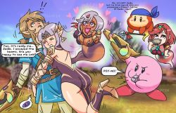 Rule 34 | 1boy, 3girls, alternate costume, artist request, ass grab, boots, cia (hyrule warriors), crossover, high heel boots, high heels, hug, hyrule warriors, kirby, kirby (series), link, multiple girls, nintendo, possessed, possession, princess zelda, pyra (xenoblade), spirit, spirits, super smash bros., tagme, the legend of zelda, xeno (series), xenoblade chronicles (series), xenoblade chronicles 2
