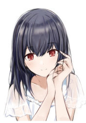 Rule 34 | 1girl, black hair, blush, closed mouth, commentary request, dress, hands up, holding, holding hair, idolmaster, idolmaster shiny colors, long hair, looking at viewer, morino rinze, nannacy7, red eyes, see-through, see-through sleeves, short sleeves, simple background, smile, solo, upper body, white background, white dress