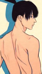 Rule 34 | 1boy, adam&#039;s apple, back, bare arms, bare shoulders, black hair, blue eyes, chainsaw man, closed mouth, ear piercing, earrings, eyebrows, eyelashes, hayakawa aki, highres, jewelry, lips, male focus, medium hair, nenashibito, pale skin, piercing, ponytail, profile, shoulder blades, silhouette, solo, solo focus, topless male, watermark