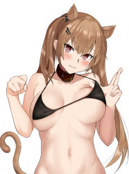 Rule 34 | 1girl, :3, absurdres, animal ears, bare arms, bare shoulders, bikini, bikini top only, black bikini, blush, breasts, brown hair, buckle, cat ears, cat girl, cat tail, closed mouth, collar, collarbone, commentary request, girls&#039; frontline, hair ornament, hair over shoulder, hairclip, hako reeema, head tilt, highres, kemonomimi mode, large breasts, lifted by self, long hair, navel, paw pose, red eyes, scar, scar across eye, scar on face, simple background, skindentation, smile, solo, stomach, strap lift, string bikini, swimsuit, tail, twintails, ump9 (girls&#039; frontline), unaligned breasts, underboob, upper body, white background