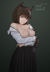 Rule 34 | 1girl, animal ears, arms under breasts, black hair, black skirt, bow, bowtie, unworn bowtie, breasts, cat ears, collarbone, commentary, grey eyes, highres, large breasts, light smile, long skirt, long sleeves, looking at viewer, nipples, no bra, off shoulder, open clothes, open shirt, original, pleated skirt, rustle, shirt, short hair, simple background, single bare shoulder, skirt, solo, white shirt