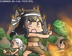 Rule 34 | 3girls, alternate costume, black hair, blue eyes, boned meat, braid, brown eyes, brown hair, carrying, commentary request, dated, food, fruit, hair ornament, hamu koutarou, headband, i-401 (kancolle), kantai collection, long hair, low-tied long hair, meat, midriff, multiple girls, navel, open mouth, ponytail, pyramid (structure), red eyes, sarong, silver hair, single braid, squash, sweatdrop, tribal, umikaze (kancolle), yamashiro (kancolle)