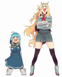 Rule 34 | 2girls, ahoge, black legwear, blonde hair, blue hair, blush, breasts, coat, crossed arms, dongsa wonhyong, fang, full body, gloves, gradient hair, headgear, height difference, hood, hood up, kantai collection, long hair, long sleeves, multicolored hair, multiple girls, nelson (kancolle), open mouth, raincoat, red neckwear, sado (kancolle), simple background, skin fang, skirt, standing, thighhighs, white background, white gloves