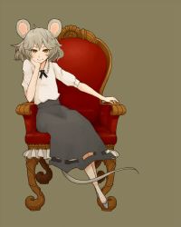 Rule 34 | 1girl, animal ears, blush, brown eyes, chair, head rest, flat chest, full body, grey background, grey hair, looking at viewer, morishige, mouse ears, mouse tail, nazrin, short hair, sitting, skirt, smile, solo, tail, throne, touhou
