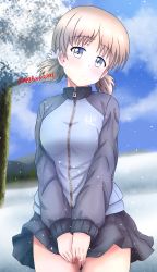 Rule 34 | 1girl, aki (girls und panzer), blue jacket, blue skirt, blue sky, blurry, blurry background, blush, closed mouth, cloud, cloudy sky, commentary, cowboy shot, day, depth of field, girls und panzer, green eyes, head tilt, highres, jacket, keizoku military uniform, light brown hair, light frown, long sleeves, looking at viewer, low twintails, military, military uniform, miniskirt, outdoors, pleated skirt, raglan sleeves, redbaron, short hair, short twintails, skirt, skirt tug, sky, snow, snowing, solo, standing, track jacket, tree, twintails, twitter username, uniform