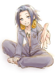 Rule 34 | 1boy, asakura yoh, barefoot, ginta, grin, headphones, male focus, open clothes, open shirt, outstretched hand, shaman king, shirt, short hair, sitting, smile, solo