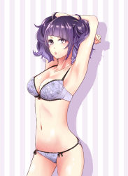 Rule 34 | 1girl, armpits, arms behind head, bra, breasts, cowboy shot, diagonal bangs, floral print, idolmaster, idolmaster shiny colors, looking at viewer, medium breasts, medium hair, nao066, navel, panties, purple eyes, purple hair, short twintails, solo, stomach, string panties, striped, striped background, tanaka mamimi, twintails, underwear, underwear only, vertical stripes