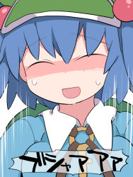 Rule 34 | 1girl, bad id, bad pixiv id, blue hair, blue skirt, breasts, closed eyes, commentary request, facing viewer, hammer (sunset beach), hat, kawashiro nitori, key, medium breasts, open mouth, shaded face, simple background, skirt, solo, sweatdrop, touhou, translation request, upper body, white background, wing collar