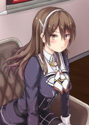 Rule 34 | 10s, 1girl, :t, ashigara (kancolle), ashigara kai ni (kancolle), brown eyes, brown hair, chair, commentary request, gloves, hairband, kantai collection, looking at viewer, monoku, pantyhose, pout, sitting, solo, uniform, white gloves, white pantyhose