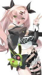 1girl akihoop amillion_(zenless_zone_zero) belt black_bow black_jacket black_thighhighs bow clothing_cutout cropped_jacket cropped_shirt detached_sleeves fang floating_clothes floating_hair green_eyes hair_between_eyes hair_bow hair_ornament hairclip hand_up highres jacket light_blush long_hair looking_to_the_side micro_shorts midriff mole mole_on_thigh mole_under_eye navel nicole_demara o-ring o-ring_belt open_mouth pink_hair print_shirt shirt shorts shoulder_cutout sidelocks simple_background single_hair_intake single_thighhigh skin_fang sleeve_cuffs sleeveless sleeveless_shirt smile thigh_belt thigh_strap thighhighs torn_clothes torn_thighhighs two_side_up v v-shaped_eyebrows white_background white_shirt zenless_zone_zero