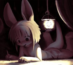 Rule 34 | 1boy, animal ears, child, drawing, furry, furry male, lyc, lying, made in abyss, male focus, nanachi (made in abyss), on stomach, original, rabbit ears, solo, topless male