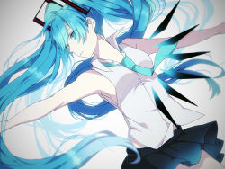 Rule 34 | 1girl, armpits, black skirt, blue eyes, blue hair, blue necktie, breasts, eiku, expressionless, grey background, half-closed eyes, hatsune miku, highres, long hair, looking at viewer, medium breasts, necktie, outstretched arms, diamond (shape), shirt, simple background, skirt, sleeveless, sleeveless shirt, solo, thighs, twintails, upper body, very long hair, vocaloid, white shirt