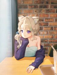 Rule 34 | 1girl, absurdres, animal ears, blonde hair, braid, breasts, brick wall, cat ears, cleavage, commentary request, genshin impact, highres, indoors, long hair, long sleeves, looking at viewer, lynette (genshin impact), medium breasts, off shoulder, purple eyes, reosroom, shirt, single bare shoulder, solo, strapless, strapless shirt, upper body