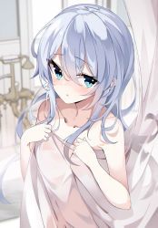 Rule 34 | 1girl, absurdres, bathroom, blue eyes, blurry, blurry background, blush, censored, collarbone, curtains, fathom, hair between eyes, hibiki (kancolle), highres, kantai collection, long hair, parted lips, solo, upper body, white hair