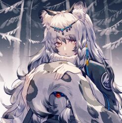 Rule 34 | 1girl, :/, animal ear fluff, animal ears, arknights, blush, braid, bright pupils, chinese commentary, closed mouth, commentary request, dress, fingerless gloves, gloves, gradient hair, grey eyes, grey hair, hair between eyes, hands up, highres, holding own tail, kjerag logo, leopard ears, leopard girl, leopard tail, lips, long hair, looking at viewer, multicolored hair, pramanix (arknights), solo, tail, tiara, turtleneck, turtleneck dress, upper body, white dress, white hair, white pupils, zichuannn