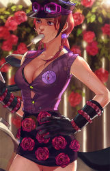 Rule 34 | 1girl, blurry, breasts, cleavage, depth of field, emg (christain), flower, food, gloves, hair bobbles, hair ornament, highres, hirose yasuho, jojo no kimyou na bouken, jojolion, large breasts, pink hair, popsicle, purple eyes, solo, sweat