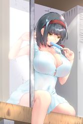 Rule 34 | 1girl, absurdres, bad id, bad pixiv id, black hair, blue dress, blunt bangs, bow, breasts, bursting breasts, buttons, cleavage, commentary request, crack, cracked wall, dress, dripping, eating, food, from below, hair bow, hairband, highres, large breasts, long hair, looking down, maruchobi, original, popsicle, sitting, sliding doors, solo, sweatdrop, yellow eyes
