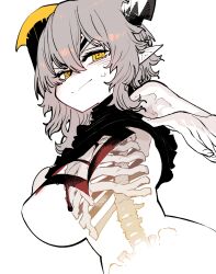 Rule 34 | 1girl, axehorn (ssambatea), breasts, closed mouth, clothes lift, grey hair, highres, large breasts, looking at viewer, medium hair, original, pointy ears, shirt lift, simple background, solo, ssambatea, see-through body, white background, yellow eyes