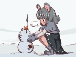 Rule 34 | 1girl, animal ears, bishamonten&#039;s pagoda, breath, capelet, dress, grey dress, grey hair, hair ornament, highres, mittens, mouse ears, nazrin, polearm, red eyes, smile, snow, snowman, solo, sonson (eleven), spear, squatting, toramaru shou, touhou, weapon