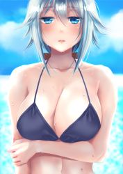 Rule 34 | 10s, 1girl, architect, bad id, bad pixiv id, beach, bikini, blue eyes, blue hair, blush, breasts, cleavage, female focus, frame arms girl, hair ornament, hair ribbon, hitomi karera, large breasts, looking at viewer, ocean, open mouth, ribbon, solo, swimsuit