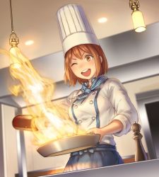 Rule 34 | 1girl, :d, anbe yoshirou, blue neckerchief, blue skirt, bottle, brown eyes, brown hair, buttons, chef, chef hat, cooking, fire, flambe, from below, frying pan, hat, highres, holding, holding bottle, indoors, kitchen, light, long sleeves, neckerchief, one eye closed, open mouth, pepper shaker, pouring, shirt, short hair, skirt, sleeves rolled up, smile, solo, stove, striped neckerchief, striped neckwear, v-shaped eyebrows, white shirt