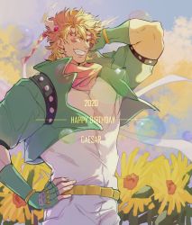Rule 34 | 1boy, 2020, arm behind head, battle tendency, belt, birthday, blonde hair, bubble, caesar anthonio zeppeli, character name, chinese commentary, closed eyes, commentary request, cropped jacket, english text, facial mark, feather hair ornament, feathers, fingerless gloves, flower, gloves, green gloves, green jacket, grin, grura, hair ornament, hand on own hip, happy, happy birthday, headband, highres, jacket, jojo no kimyou na bouken, male focus, pants, pink scarf, scarf, shirt, short hair, smile, solo, sunflower, triangle print, upper body, white pants, white shirt, yellow flower