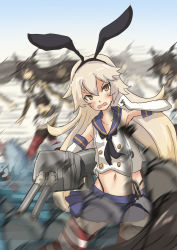 Rule 34 | 10s, 2girls, afterimage, alternate hair color, black hair, blurry, brown eyes, carrying, commentary request, depth of field, elbow gloves, gameplay mechanics, gloves, gyorui (amezari), hairband, headgear, highres, kantai collection, long hair, machinery, motion blur, multiple girls, nagato (kancolle), navel, pleated skirt, rensouhou-chan, running, school uniform, serafuku, shimakaze (kancolle), silver hair, sketch, skirt, striped clothes, striped legwear, striped thighhighs, sweat, thighhighs, thong, turret, white gloves, zettai ryouiki